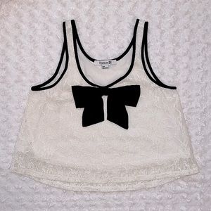 Forever 21 White Lace Crop Tank Black Trim Bow Detail
